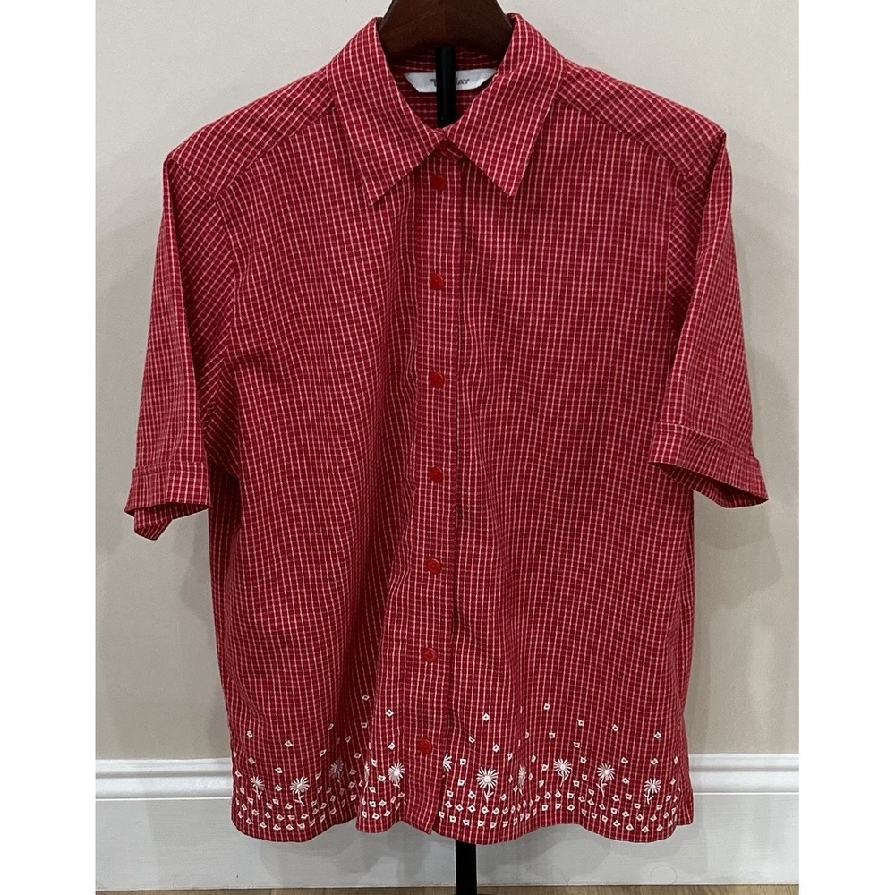 TANJAY Women's Blouse Size 14 Button Up Collared Short Sleeve Embroidered EUC